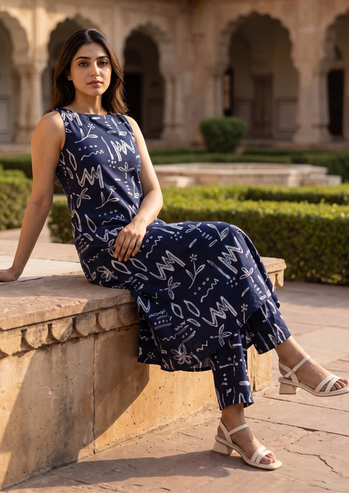 Navy Printed Cotton Co-Ord Set