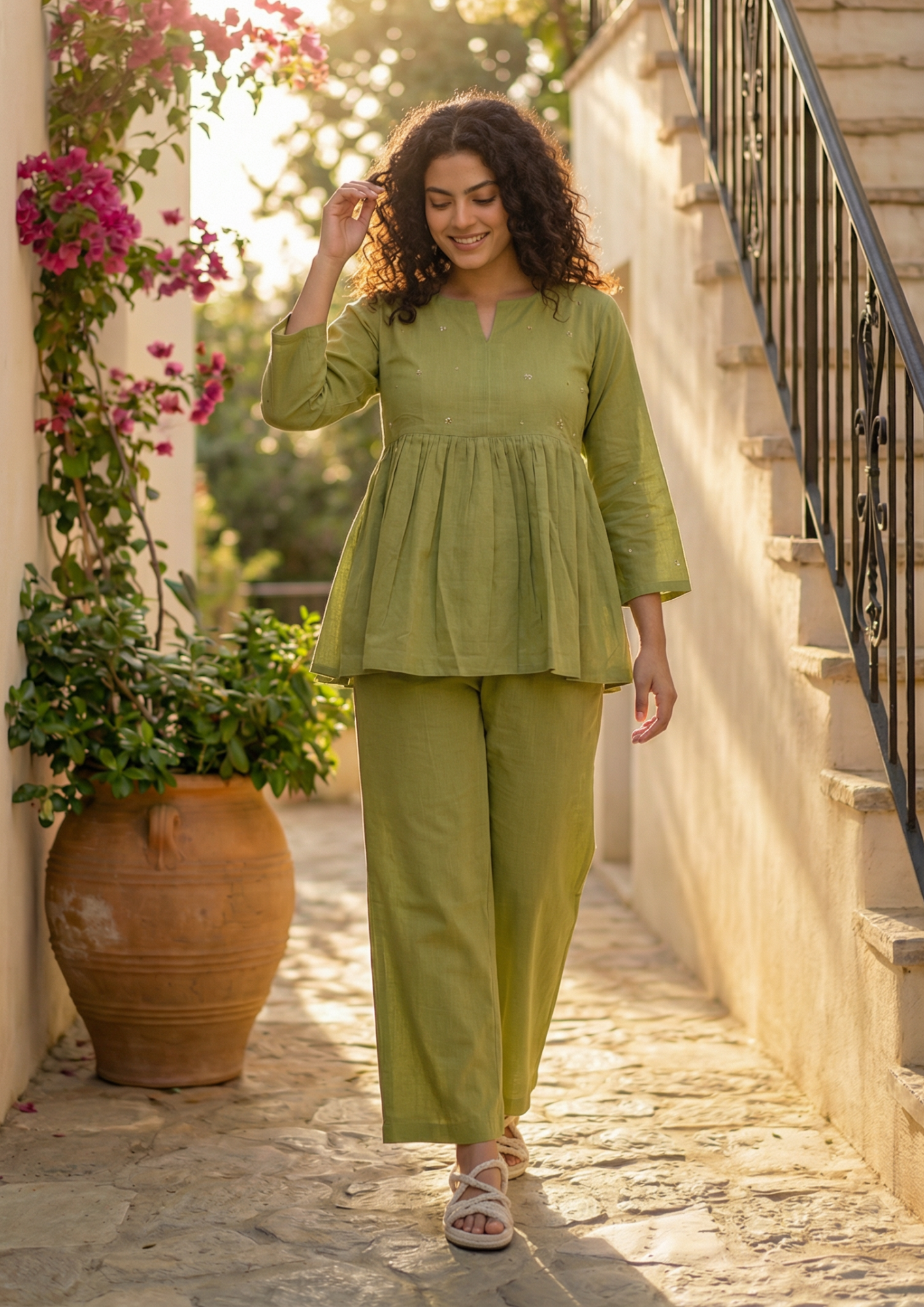 Green Embroidered Cotton Co-Ord Set