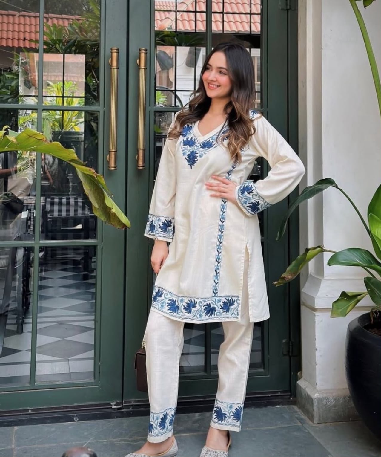 Off White Embroidered Cotton Flex Co-Ord Set