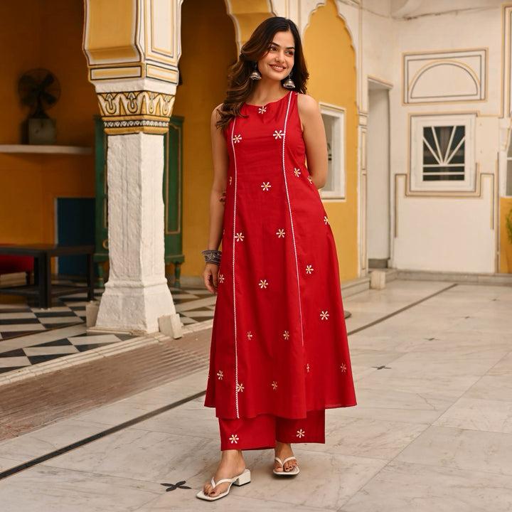 Red Embroidered Cotton Co-Ord Set