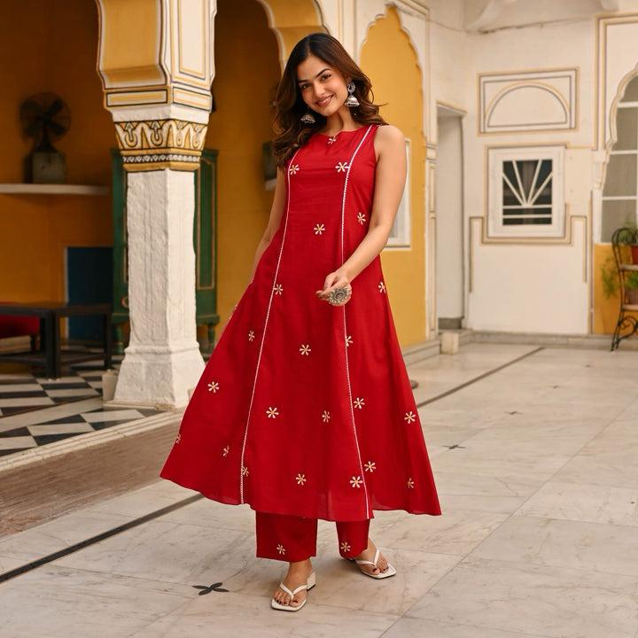 Red Embroidered Cotton Co-Ord Set