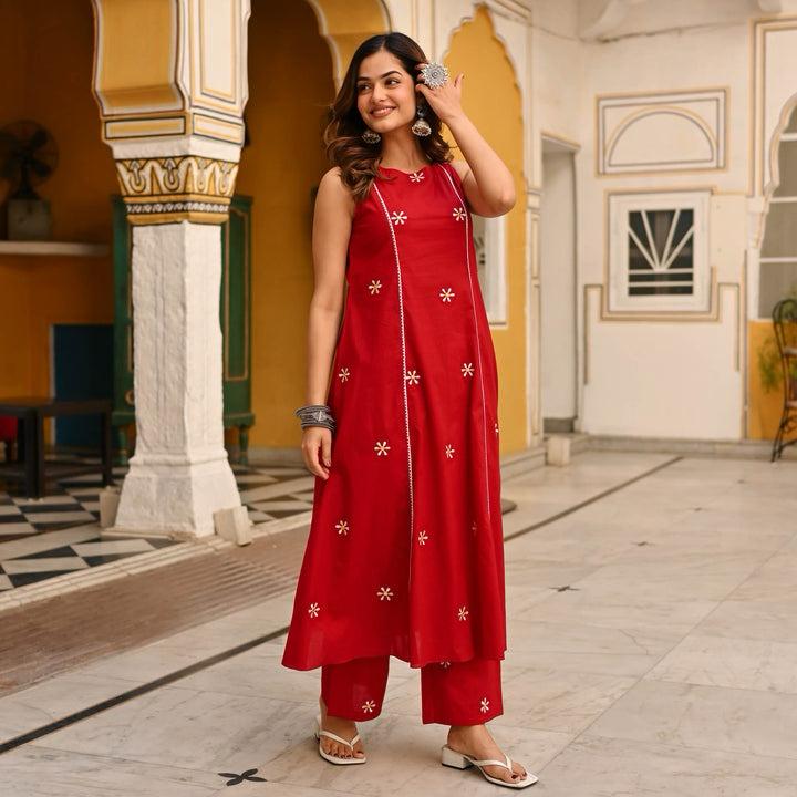 Red Embroidered Cotton Co-Ord Set